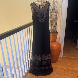 Johnny Was Biya black dress with brown embroidery